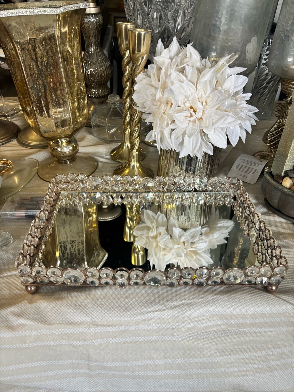Decorative Crystal-Trim Vanity Tray in Rose Gold